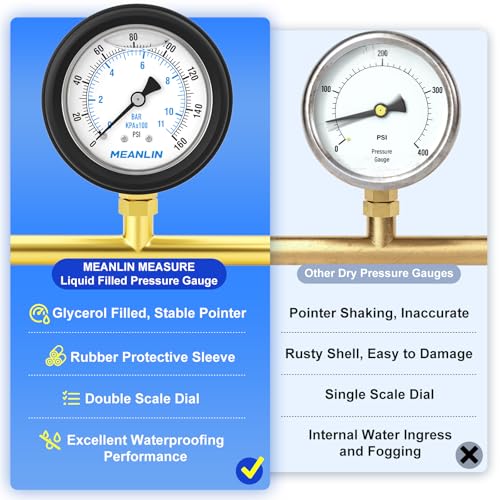 Image of MEANLIN MEASURE 0~160Psi Stainless Steel Liquid Filled Pressure Gauge 1 /4 inch NPT 2.5 inch FACE DIAL with Rubber Protective Sleeve, Lower Mount