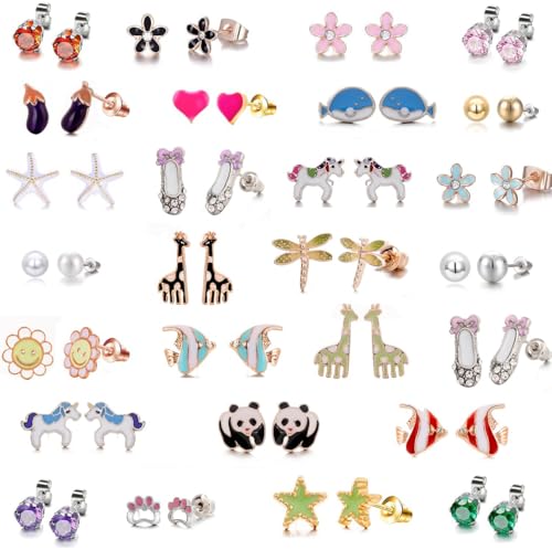 Image of 30 Pairs Hypoallergenic Earrings for Girls Sensitive Ears with Stainless Steel Post -Assorted Cute Stud Earrings for Teens Girls Women