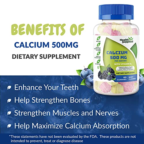 Calcium 500Mg With Vitamin D3 1000 Iu Gummies | Daily Dietary Supplement | Bone Strength, Growth, Teeth | For Adults, Teens, Kids | Great Tasting Natural Berry Flavor Vitamin Gummy #TOP3