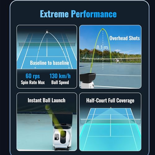 Máquina lanzapelotas de Tenis: Control Remoto y aplicación Inteligente, Capacidad para 150 Pelotas, Velocidad máxima de 129 km/h, autonomía de más de 8 Horas (Black)