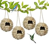 AQUEENLY Hummingbird Houses for Outside Hanging, Set of 4 Hand Woven Hummingbird Nesting House Bird Lover Gifts for Audubon Finch Canary Chickadee (Ball Shape)