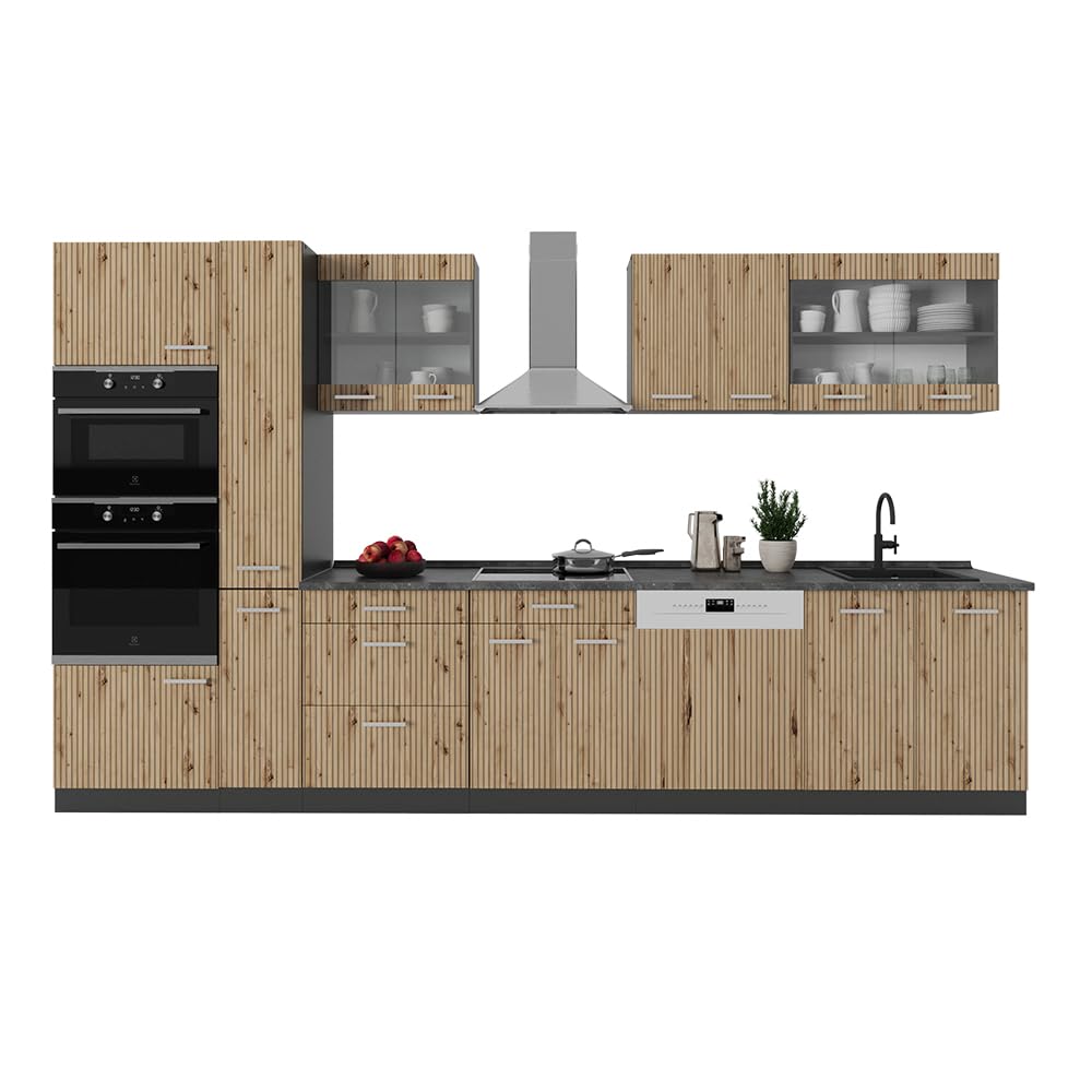 Vicco Cuisine R-Line, Chêne Artisan/Anthracite, 350cm avec Armoire Haute, PT Anthracite, adapté à Une Extension Flexible avec des modules supplémentaires