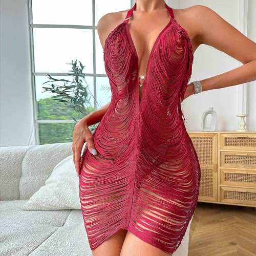 Women Sexy Halter See Through Dress Beach Swimsuit Cover Up Swimwear Sheer Tassel Dresses Nightclub Bodycon Lingerie3