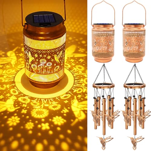 Image of 2 Pack Hummingbird Solar Wind Chimes for Outside, Gifts for Mom Women Grandma Birthday Memorial Teacher, 32 inch Windchimes Outdoor Decor Hanging Solar Lantern for Garden Porch Patio Backyard