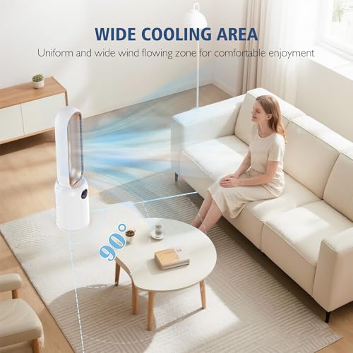 Image of Bladeless Tower Fan for Bedroom, Powerful 26ft /s Airflow, 24 Speeds, 90 Oscillation, 12H Timer, Standing Fans with Remote, Quiet Bladeless Cooling Fan for Home Office Room, White Gold