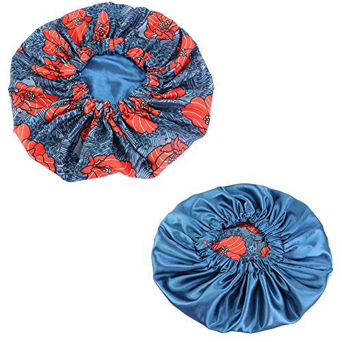 pengyu- Bonnet de soin des cheveux pour femme - Imprimé floral africain - Satin - Bonnet de nuit pour le sommeil - Bonnet de soin des cheveux, bleu paon, taille unique Cover