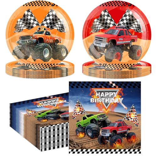 40PCS Monster Truck Party Supplies Decorations Birthday Paper Plates and Napkins Car Themed Party Decorations Disposable Dessert Dinnerwares for Boys Girls Baby Shower Birthday Decor