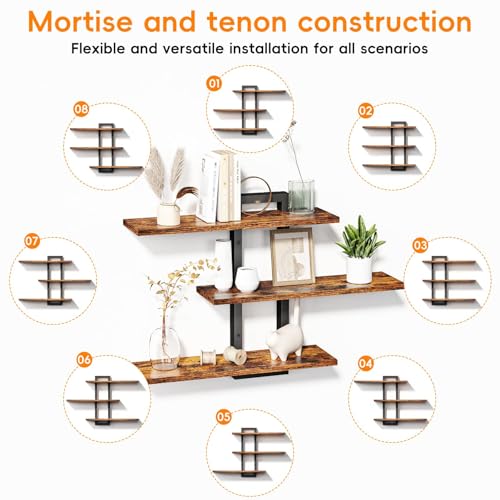 Image of Homode Floating Shelves for Wall, Wood Wall Shelves for Bathroom, 3 Tier Shelves for Wall Decor, Decorative Hanging Storage Shelf for Bedroom Kitchen Living Room, Rustic Brown and Black
