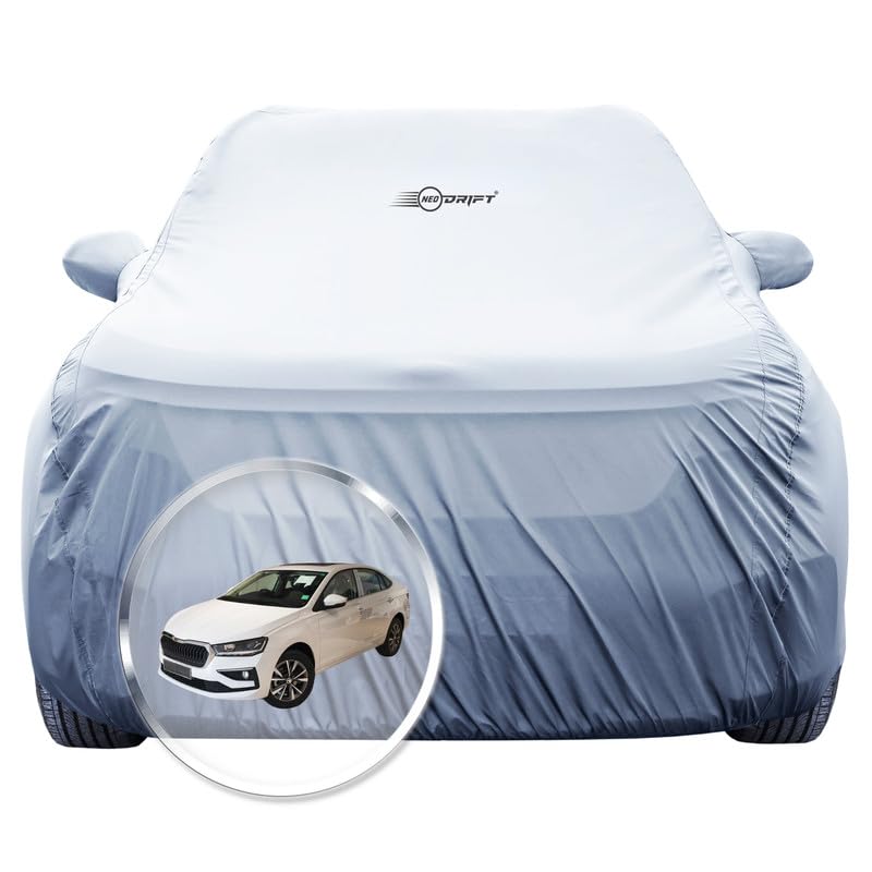 Image of NEODRIFT 'SilverTech' Car Cover for Skoda Slavia (All Weather Protection, 100% Water-Resistant, Tailored Fit, Precision-Fit & Breathable Fabric) (Colour: Silver)