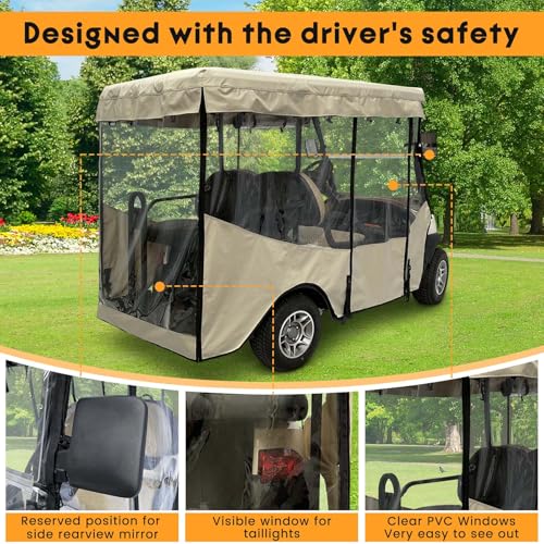 Golf Cart Enclosure for 4 Passenger Club Car Tempo&Onward, 600D Waterproof Transparent Driving Rain Cover, Fit 4-Seater Long Roof with 4-Sided Clear Windows Mirror Openings Roll-up Zipper Door (Beige)