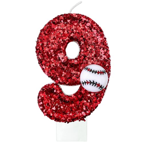 CJPSL Baseball Number Candles, Baseball Birthday Cake Decorations Red Number 9, Suitable for Sports Themed Birthday Parties, Baseball Themed Parties and Anniversary Celebration Party Decorations
