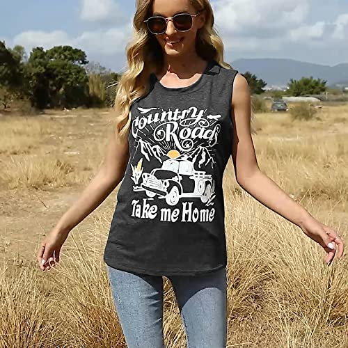 Kiddad Country Music Tank Tops Women Country Roads Take Me Home Shirt Letter Print Graphic Tees Summer Tank Tops Dark Gray #TOP4