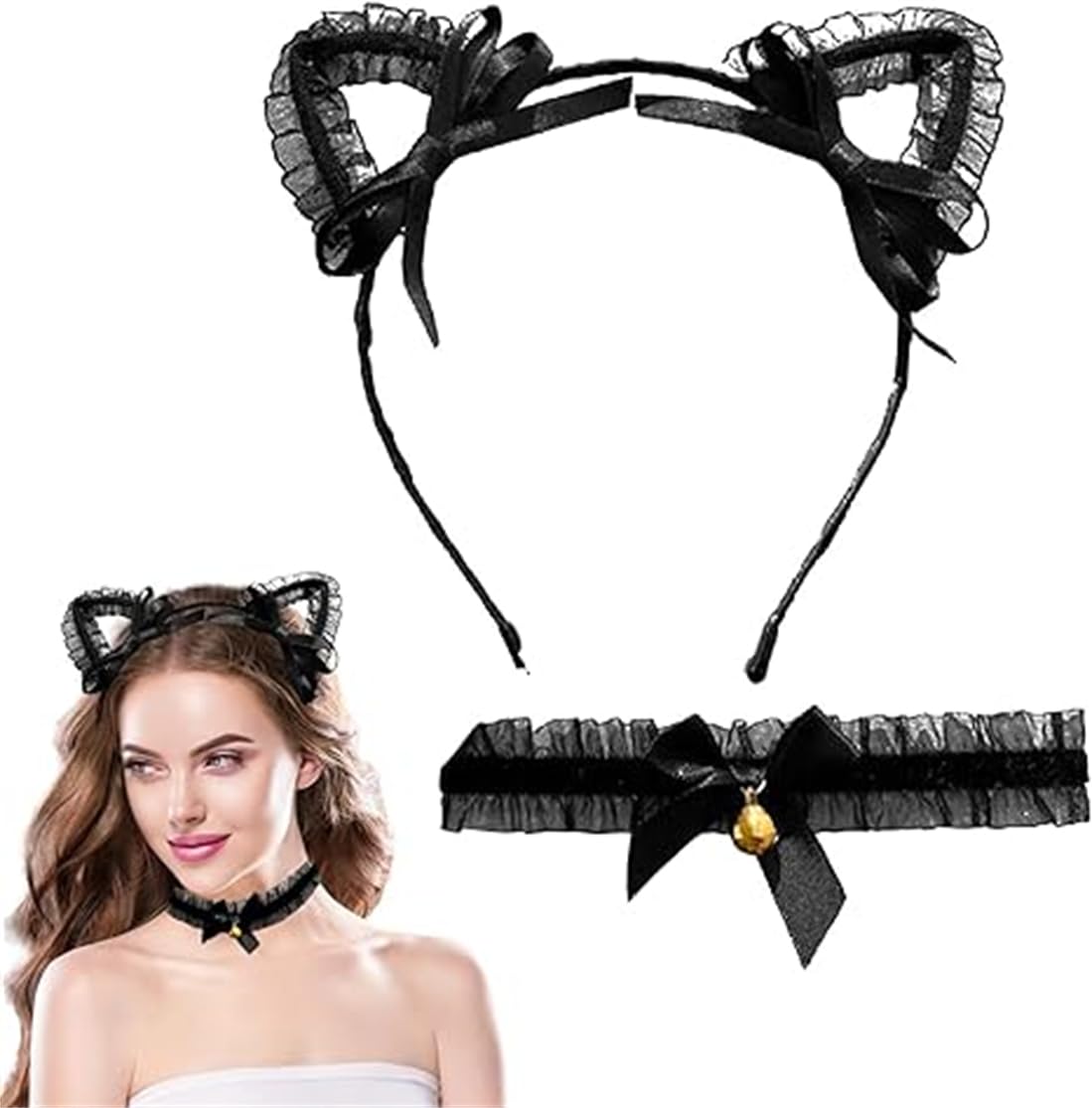 2 Pack Cat Ears Headband with Bells Choker, Black Lace Cat Ear Headband Catwoman Dressing Sweet Clothing Accessories for Fancy Dress Cosplay Party and Daily Decoration