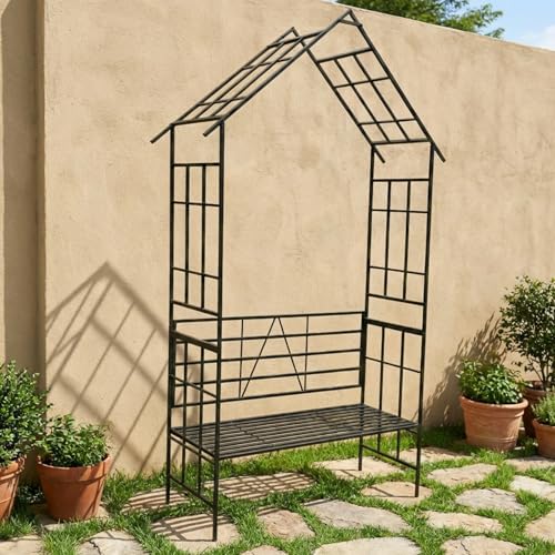 Image of ecofynd 8 Feet High x 3.7 Feet Wide 2-Seater Hut-Shaped Garden Bench, Metal Arbor Trellis for Climbing Plant with Outdoor Garden Chair, Backdrop Stand for Wedding Lawn Backyard Party Decor (GC002-BLK)