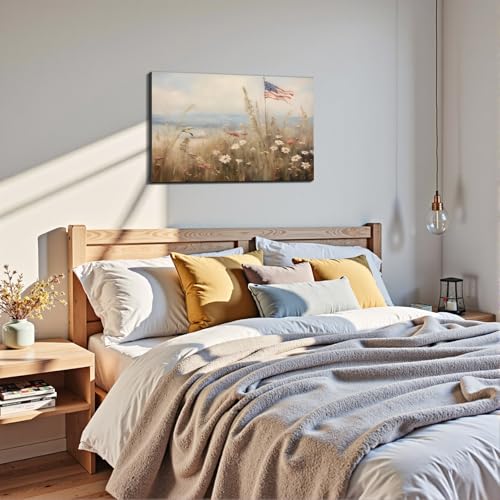 Image of Framed American Flag Wildflower Field Wall Art, Patriotic Rustic Canvas Art Pictures, USA Flag Coastal Meadow Wall Decor, Made in USA Ready to Hang for Living Room Bedroom