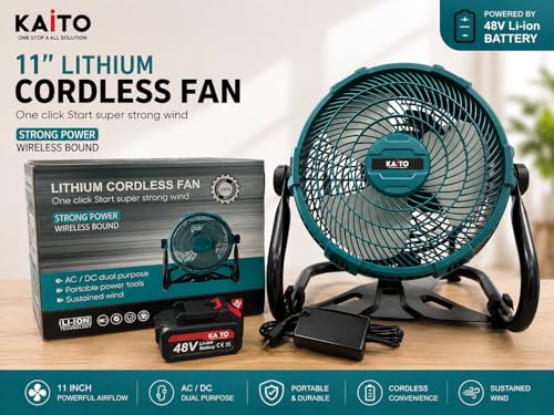 Image of KAITO 11 Inch Lithium Cordless Portable Fan with Variable Speed Regulator, AC /DC Dual Purpose, Overheat & Overload Protection, 48V Li-Ion Battery Included