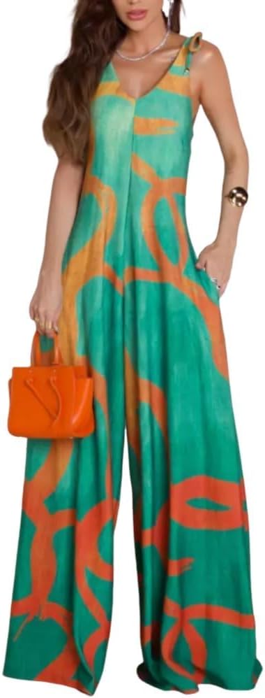 Chicme womens printed v neck sleeveless jumpsuit with pockets