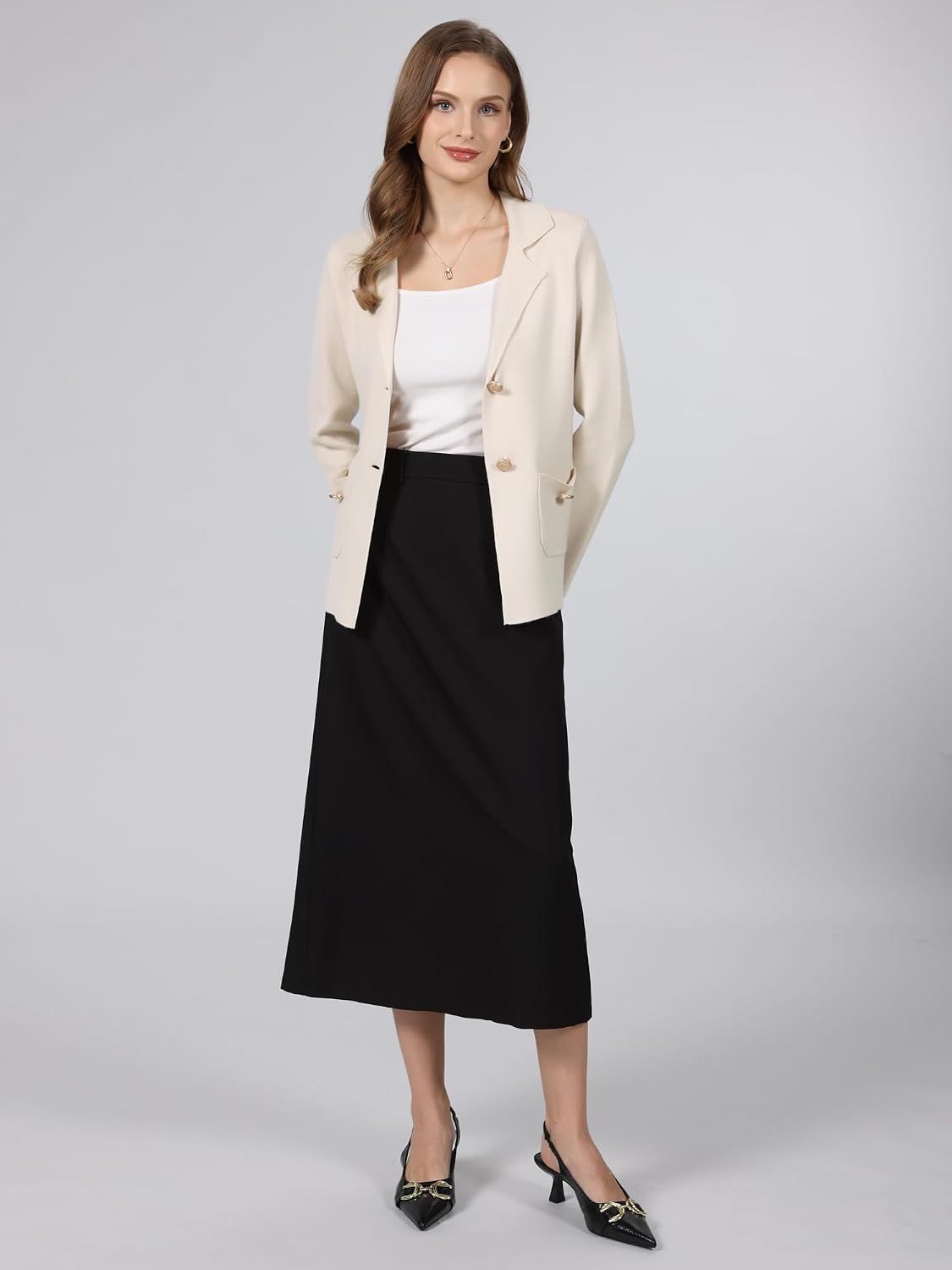 Hobemty Women's Sweater Blazer Business Casual Lapel Neck Button Knit Suit Jacket with Pockets