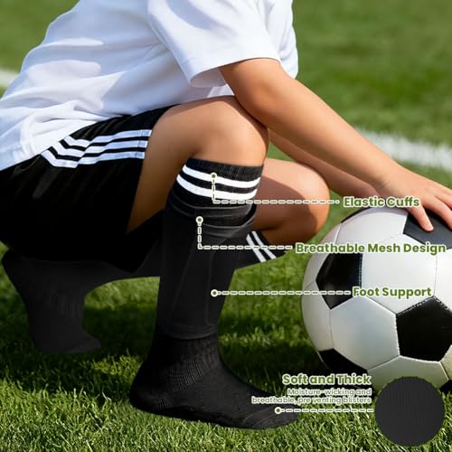 DiULi Espinilleras Futbol Niño, 9 x 18,5cm Espinilleras Pequeñas, Sujeta espinilleras de Fútbol, Medias y Calcetines con Bolsillo para Caneleiras Futbol Criança, Protección Total (Negro 3pcs M) - imagen 4