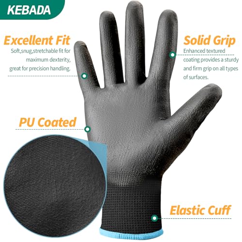 Image of Kebada Safety Work Gloves, 12 Pairs Work Gloves with Grip, PU Coated Grip Gloves for Warehouse, Construction, Gardening and Mechanics, Black, Small