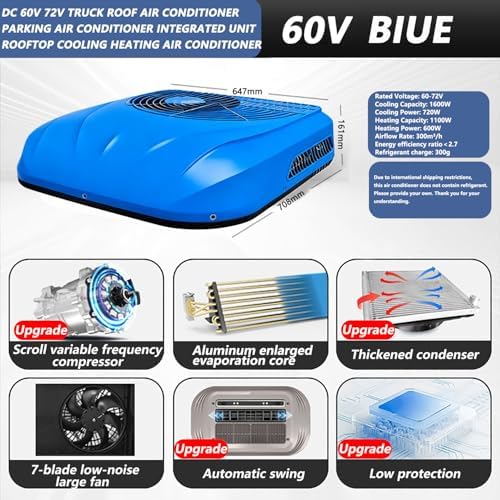 1600W RV Roof Air Conditioner, 1110W Heating, 60V 72V Truck AC, Temp Display, Fits 25x35cm to 38x42cm, Customizable 72V, Efficient Cooling & Heating Solution.