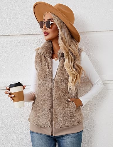 IECCP Westen Damen Leicht Einfarbig Elegant Winter Elegant Leicht Bequem Lässig Lose Weste Schwarz Mit Taschen(Braun,M)