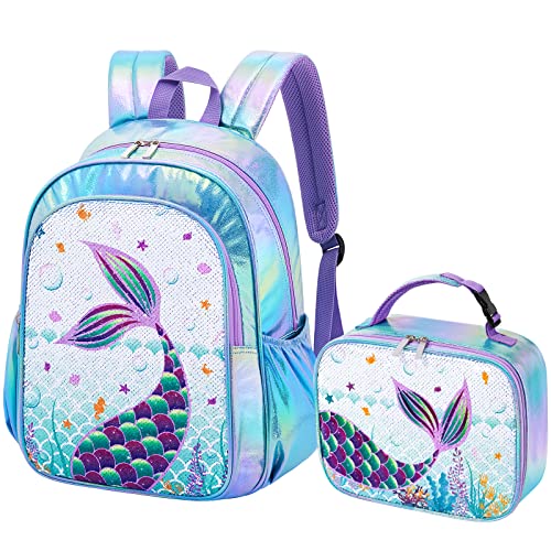 Conjunto de Lentejuelas Sirena Mochila - Mochila Escolar con Bolsa de Almuerzo para Niñas...