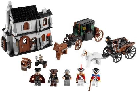 All components of the LEGO Pirates of the Caribbean 4193 The London Escape set laid out, including minifigures, building sections, and vehicle parts.