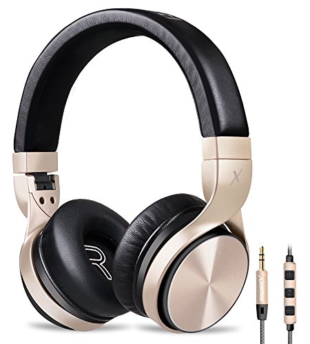 Riwbox IN5 Foldable Headphones with Microphone and Volume Control Stereo Folding Headset Strong Low Bass for iPhone ipad Smartphones Laptop Mp3/4 (Black Gold)