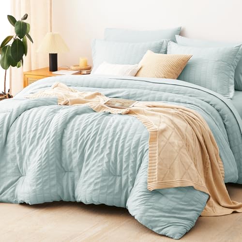 Image of CozyLux Queen Comforter Set Ice Blue, 7 Pieces Seersucker Textured Luxury Bed in a Bag Queen, All-Season Soft Bedding Sets with Down Alternative Comforter, Sheets, Pillowcases & Shams, Bedroom Bed Set
