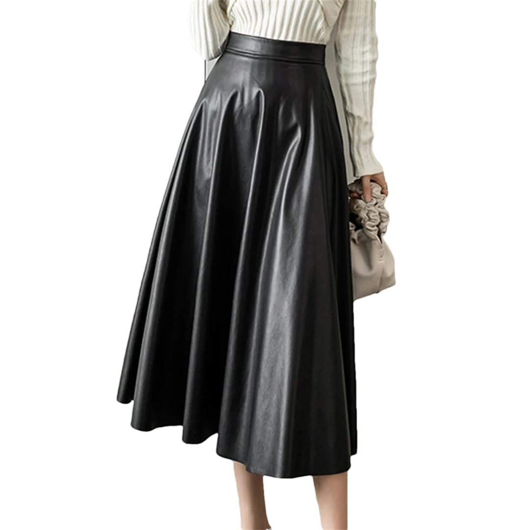 Faldas de piel sintética de cintura alta para mujer, estilo vintage, sencillez, casual, plisadas, sueltas, acampanadas, largas