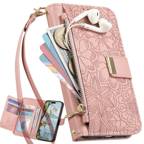 Funda Tipo Cartera para OPPO A54S/Oppo A16S, Case de Flores con Ranuras para Tarjetas y Soporte, Bolso de Mano con Bolsillo y Cremallera para OPPO A54S/Oppo A16S-Rosa