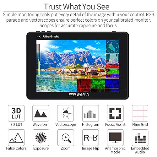 Image of FEELWORLD LUT7S 7 Inch 2200nit Ultra Bright SDI Touch Screen DSLR Camera Field Monitor with 3D Lut Waveform Vectorscope Automatic Light Sensor HD 1920x1200 3G SDI 4K HDMI Input 8.4V DC Output Tilt Arm