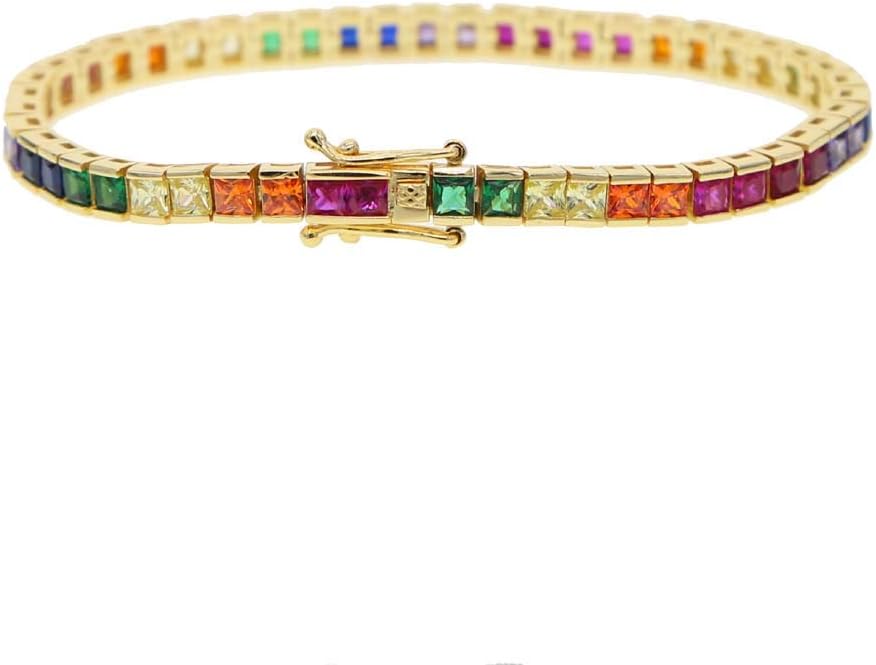 ATJMLADY 17cm Square Rainbow Colorful cz Tennis Bracelet for Women 17cm Gold Plated