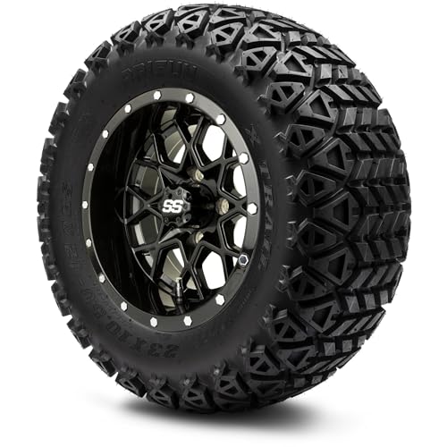 MODZ Vortex Glossy Black 12 Golf Cart Wheels and Arisun X-Trail (23x10-12) DOT All-Terrain Golf Cart Tires Combo - Set of 4