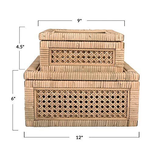 Creative Co-Op Modern Decorative Square Woven Rattan and Wood Display Boxes with Glass Top, Set of 2 Sizes, Natural Finish by Creative Co-Op - Image 2