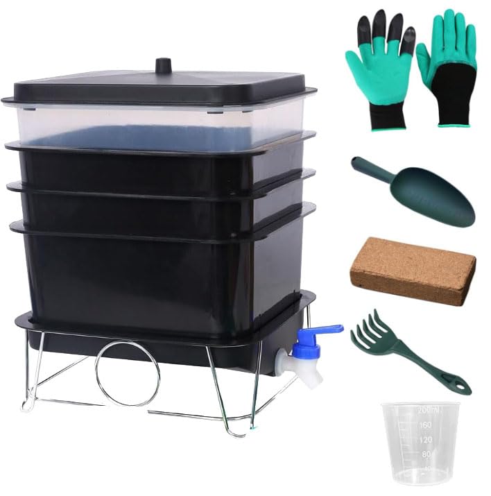 HCGADON 3-Tray 15L Worm Farm Composting Bin with Tool Set - Efficient Indoor/Outdoor Composter for Organic Waste Recycling, Beginner-Friendly Kit for Healthier Plants