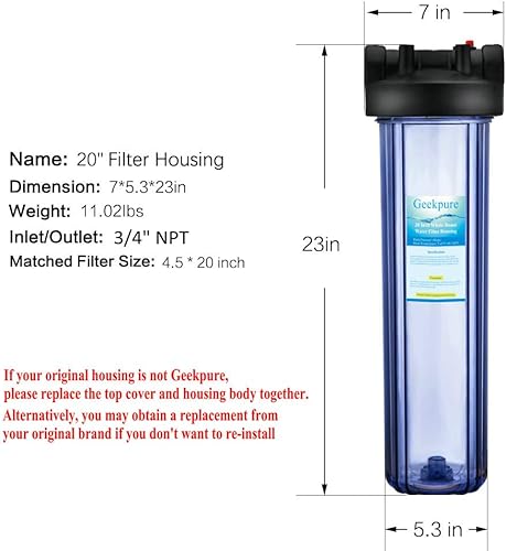 Miniatura 3 de Geekpure Filtro de agua para toda la casa de 20 pulgadas, apto para filtros de 4.5 x 20 pulgadas, puerto de 3/4 pulgadas, paquete de 2