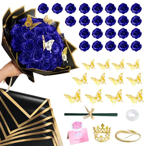 CCYXSHOW Blue DIY Glitter Roses Bouquets - 24 Pack Artificial