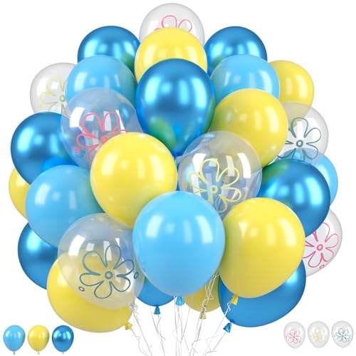 Blue and Yellow Balloons 50PCS 12 Inch Flower Printed Metallic Blue Yellow Balloons with Ribbon for Birthday Theme Party Decorations