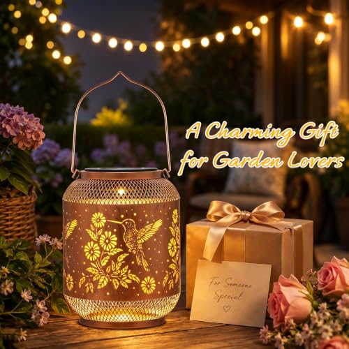 Image of Solar Lantern Outdoor Hanging Solar Garden Light Gifts for Mom Grandma Women,Waterproof Metal Decorative Lantern, Warm White Solar Lights for Patio Yard (Hummingbird)