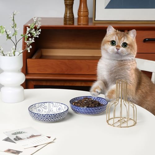 Selamica Ceramic Cat Food Bowl Set of 4, 5.6 Inch Wide Shallow Cat Bowls/Dishes for Food and Water, Vintage Blue - Image 6