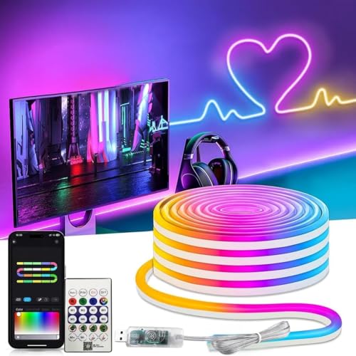 Image of LED Neon RGB Magic 5 Meter Smart Strip Light with Remote, App, USB Control Music Sync DIY Rope Light for Room, Gaming, Party, TV Background, Festival & Home Decoration (Neon Strip 5M)