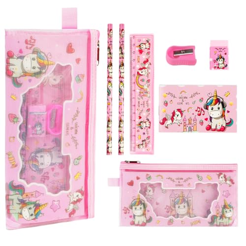 OFFCUP Ensemble de Papeterie Licorne, Lot de 7pcs Cadeau de Papeterie Licorne, 2 Crayons, Trousse à Crayons Transparente, Taille-Crayon, Carnet, Règle, Gomme...