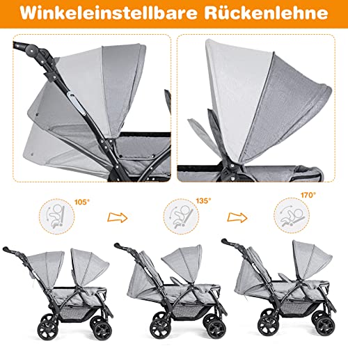 COSTWAY Geschwisterwagen klappbar, Zwillingswagen mit verstellbarer Rückenlehne & Verdeck, Reisebuggy mit Liegefunktion, Zwillingsbuggy Doppel Kinderwagen für Baby ab 6 Monate, 30 kg Belastbar