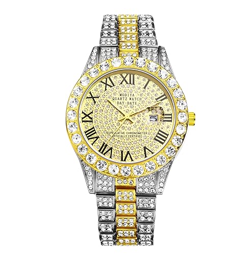JewelryWe Uhren Herren Iced Out Diamant: Glitzer Strass Datum Kalender Analog Quarz Armbanduhr Männer Frauen Uhr mit Römischen Ziffern Zifferblatt und Gold/Silber Metallarmband