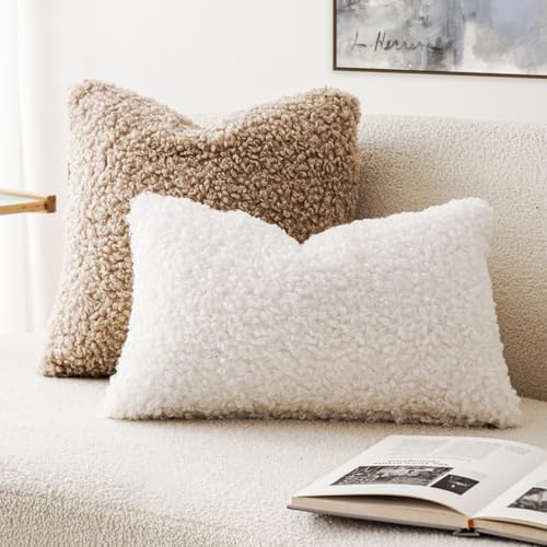 Image of Foindtower Set of 2 Curly Teddy Wool Faux Fur Pillow Covers Decorative Boucle Textured Lumbar Throw Pillow Oblong Accent Pillowcases Sheepskin Cushion Case for for Chair and Couch 12 inchx20 inch White