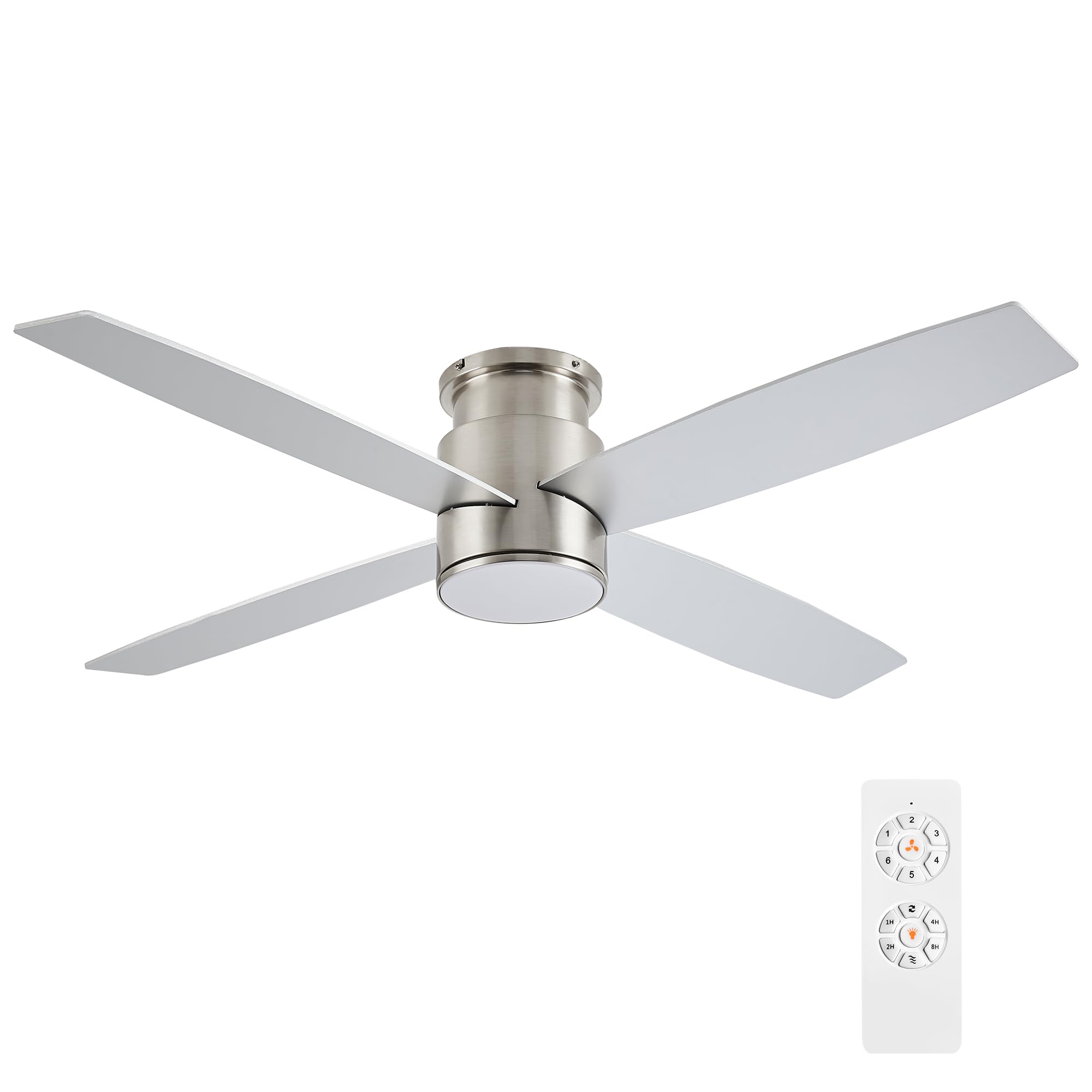 WINGBO 44 Inch Flush Mount DC Ceiling Fan with Lights and Remote, 4 Reversible Blades, Ultra Quiet 6-Speed DC Motor, Hugger Low Profile Indoor Ceiling Fan, Brushed Nickel Finish