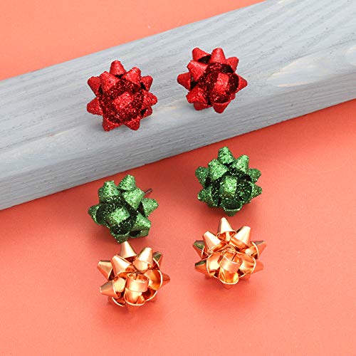 12 Pairs Christmas Bow Earrings Gold Silver Red Green Polished Glitter Gift Bow Santa Earrings for Women Gift2