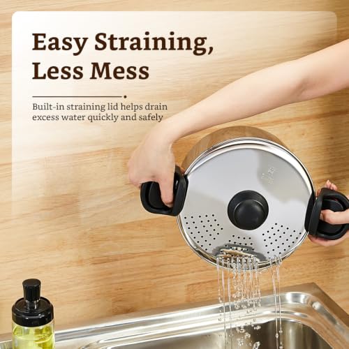 Image of Amazon Brand - Solimo SS Strainer Pot /Rice Pot 3.5L with Lock Handles | Induction Bottom Stainless Steel Cookware| Even Heat Distribution | Gas & Induction Compatible | Dishwasher Safe | BIS Certified